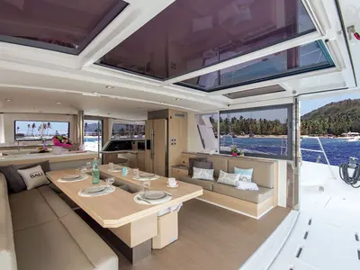 Salon of Ortensia, a Bali 5.4 catamaran at Olbia, Italy