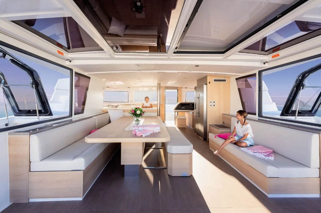 Salon of Ortensia, a Bali 5.4 catamaran at Olbia, Italy