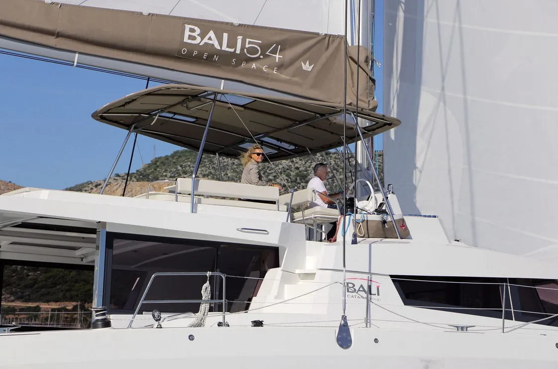 Exterior view of Ortensia, a Bali 5.4 catamaran at Olbia, Italy
