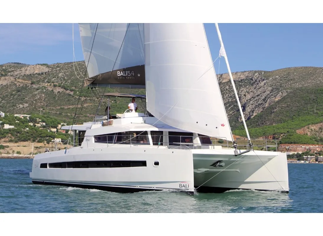 Exterior view of Ortensia, a Bali 5.4 catamaran at Olbia, Italy