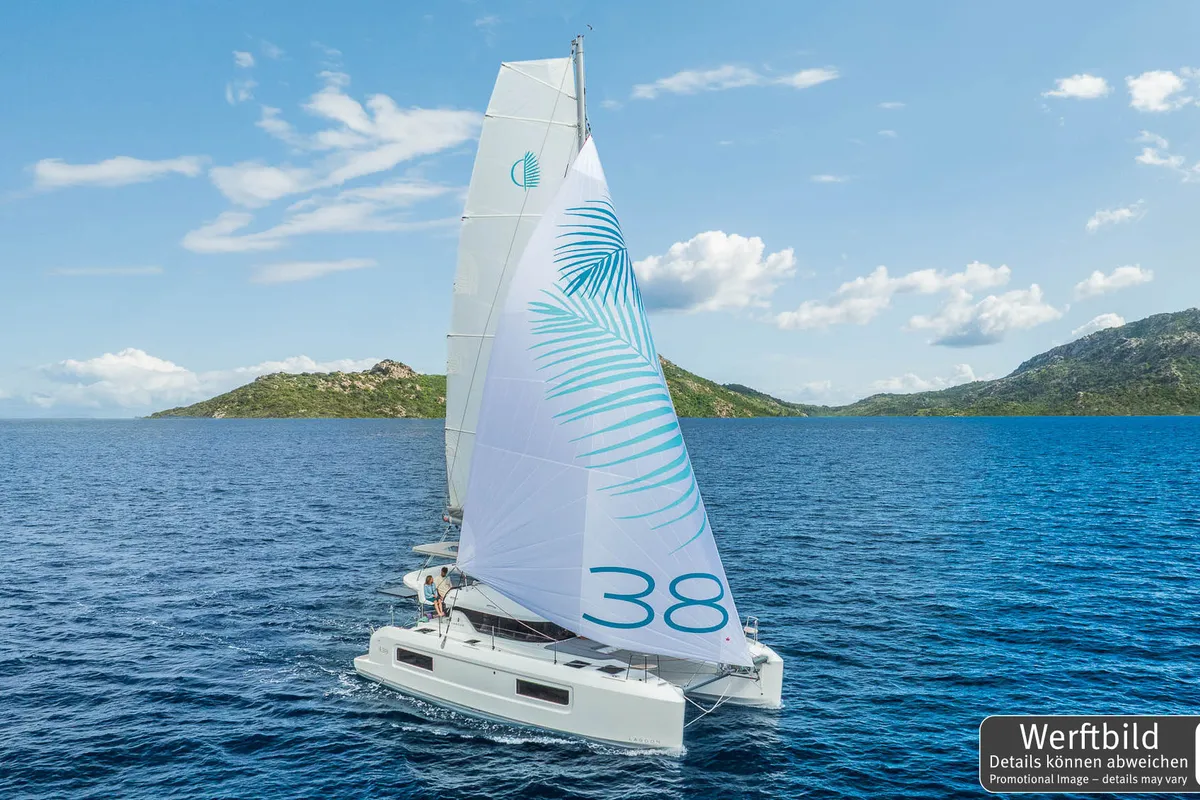 Exterior view of Emilius, a Lagoon 38 catamaran at Palma de Mallorca, Spain