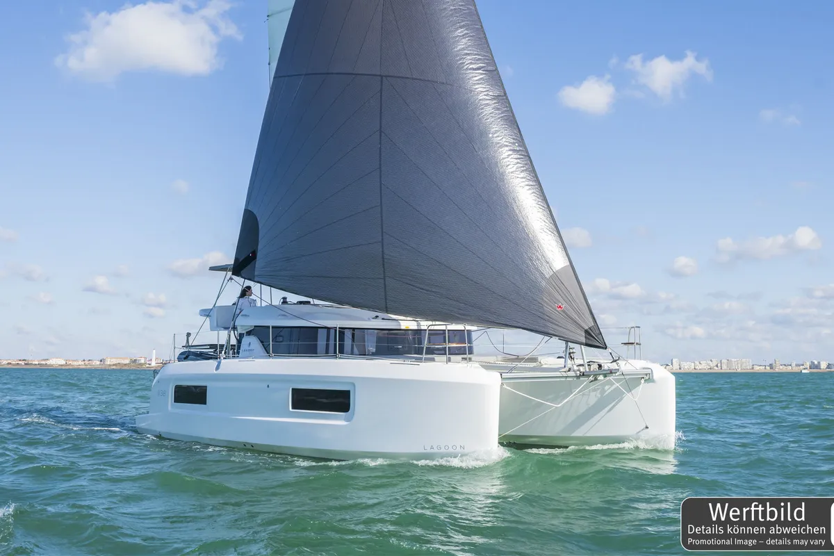 Exterior view of Emilius, a Lagoon 38 catamaran at Palma de Mallorca, Spain