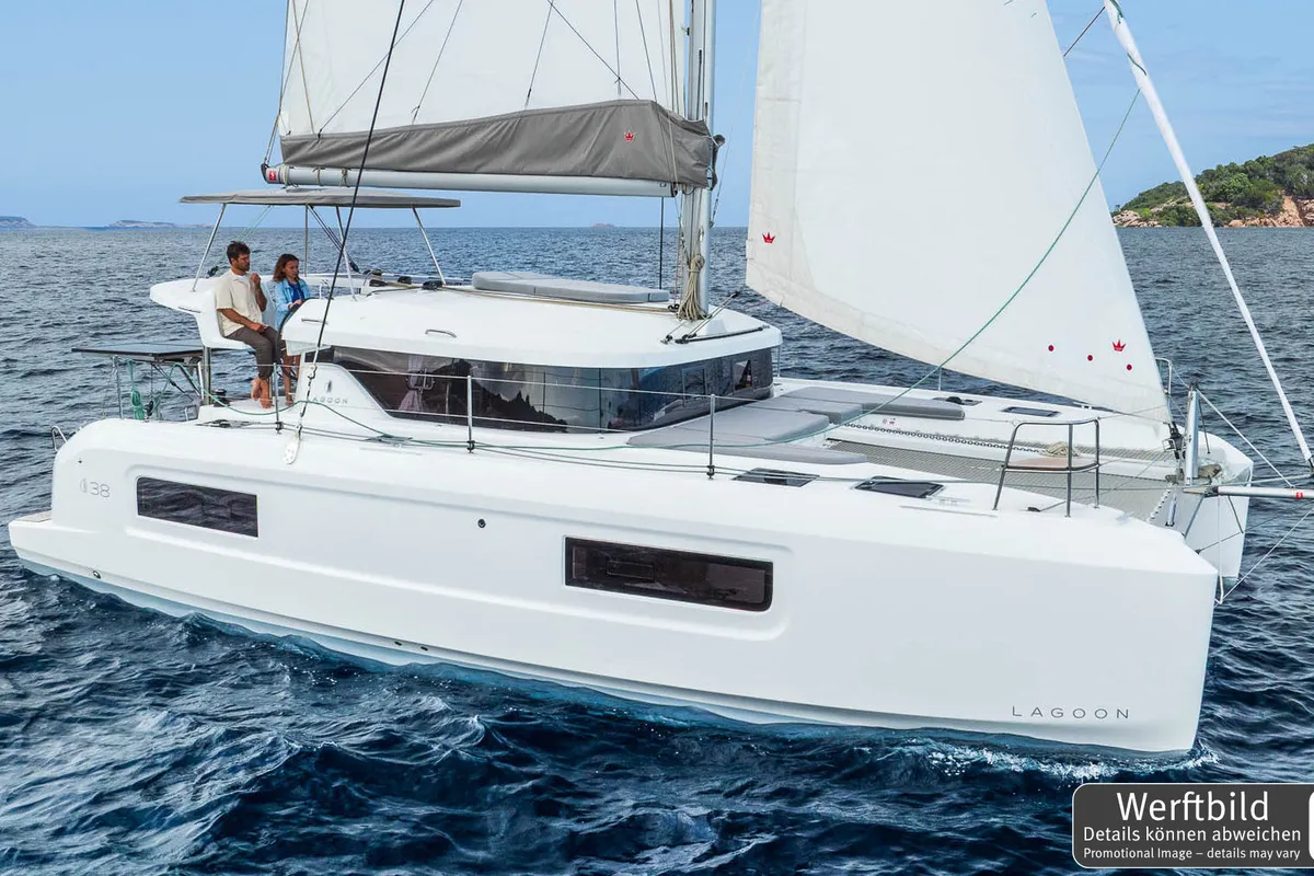 Exterior view of Emilius, a Lagoon 38 catamaran at Palma de Mallorca, Spain