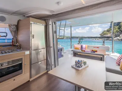 Salon of Emilius, a Lagoon 38 catamaran at Palma de Mallorca, Spain