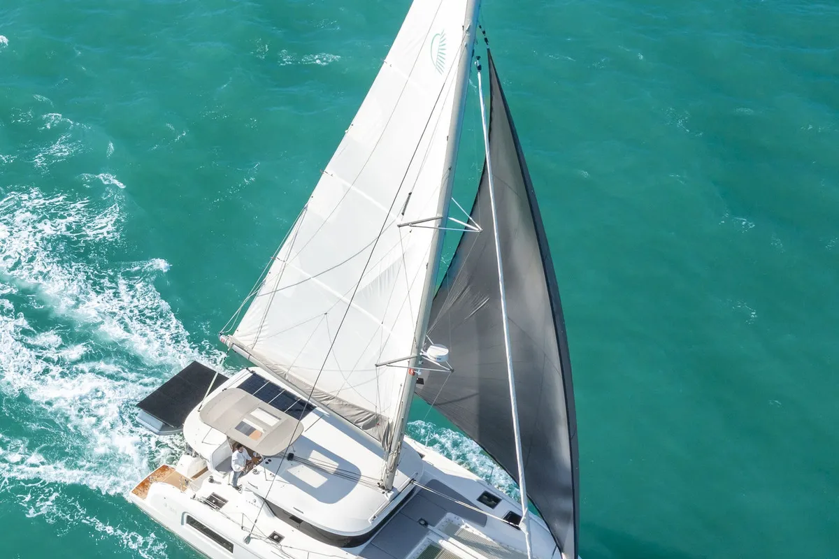 Exterior view of Emilius, a Lagoon 38 catamaran at Palma de Mallorca, Spain