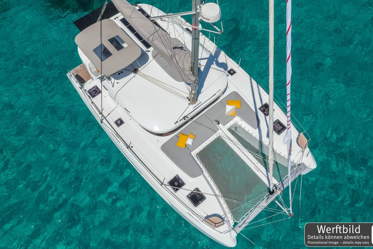 Exterior view of Emilius, a Lagoon 38 catamaran at Palma de Mallorca, Spain