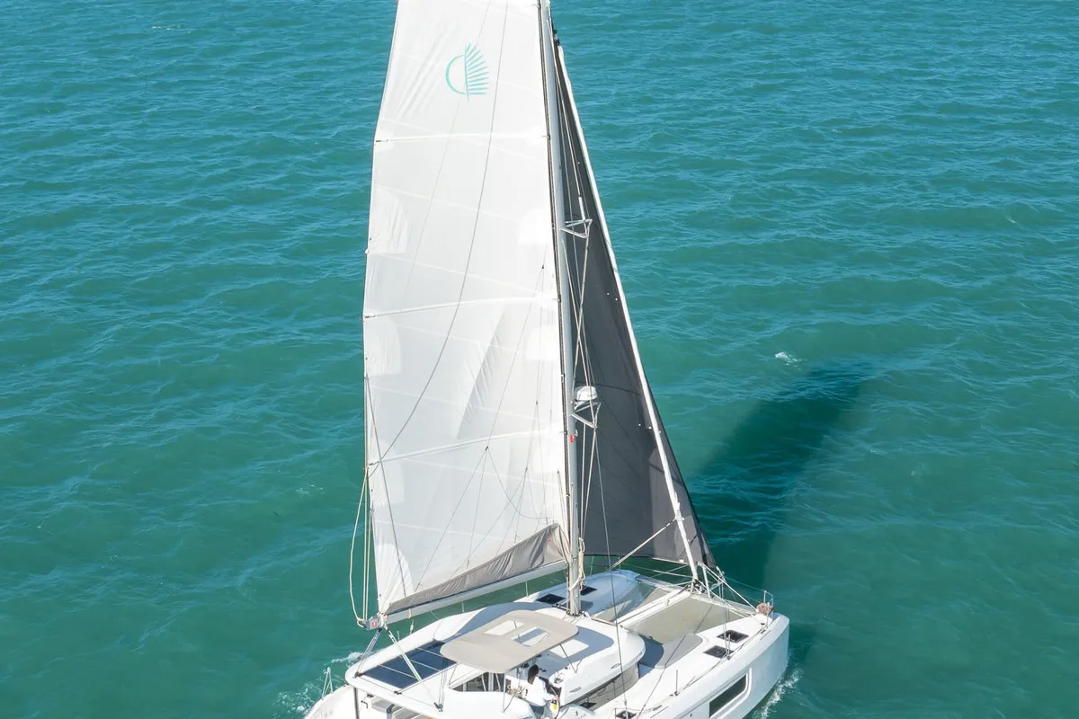 Exterior view of Emilius, a Lagoon 38 catamaran at Palma de Mallorca, Spain