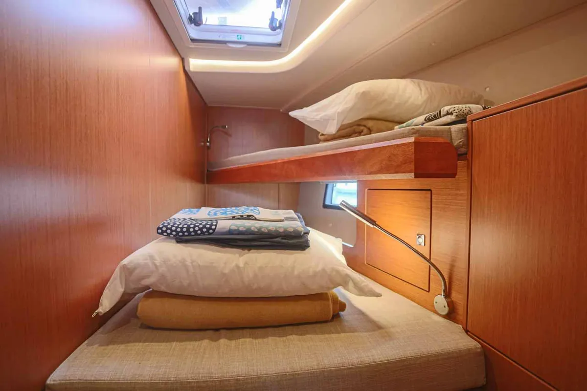Cabin on Black Velvet, a Bavaria C45 sailboat at Kontokali, Greece