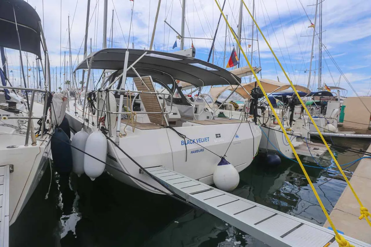 Exterior view of Black Velvet, a Bavaria C45 sailboat at Kontokali, Greece