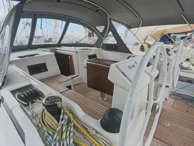 Cockpit of Black Velvet, a Bavaria C45 sailboat at Kontokali, Greece