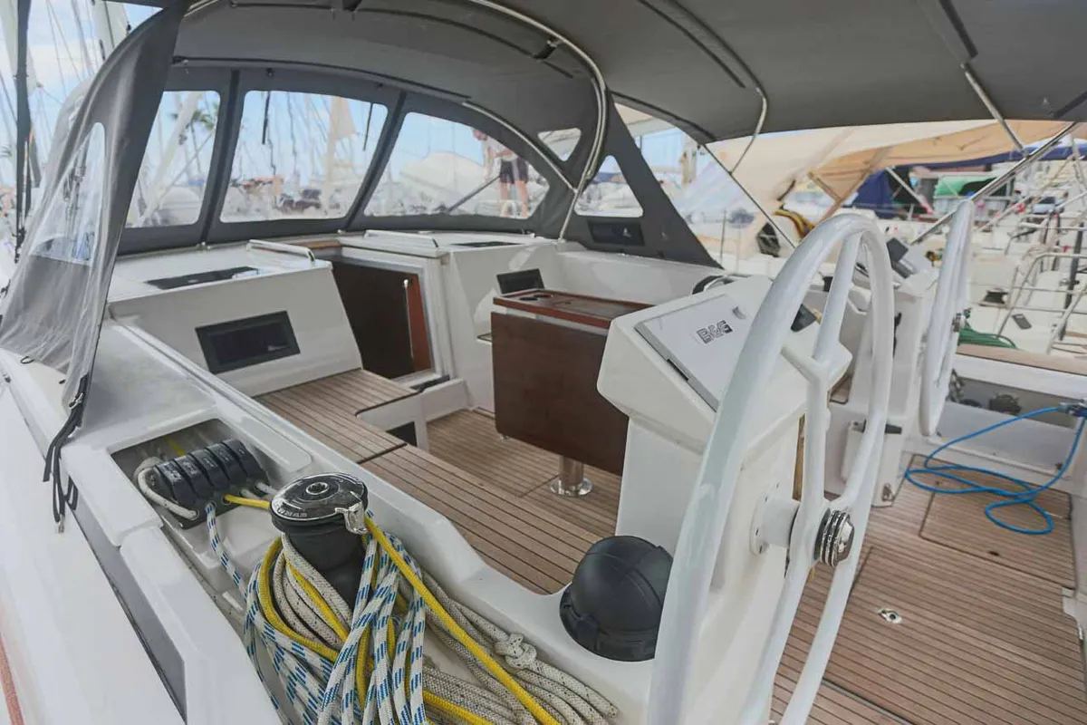 Cockpit of Black Velvet, a Bavaria C45 sailboat at Kontokali, Greece