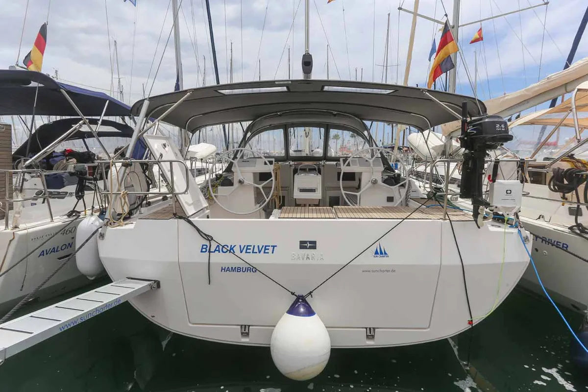 Exterior view of Black Velvet, a Bavaria C45 sailboat at Kontokali, Greece