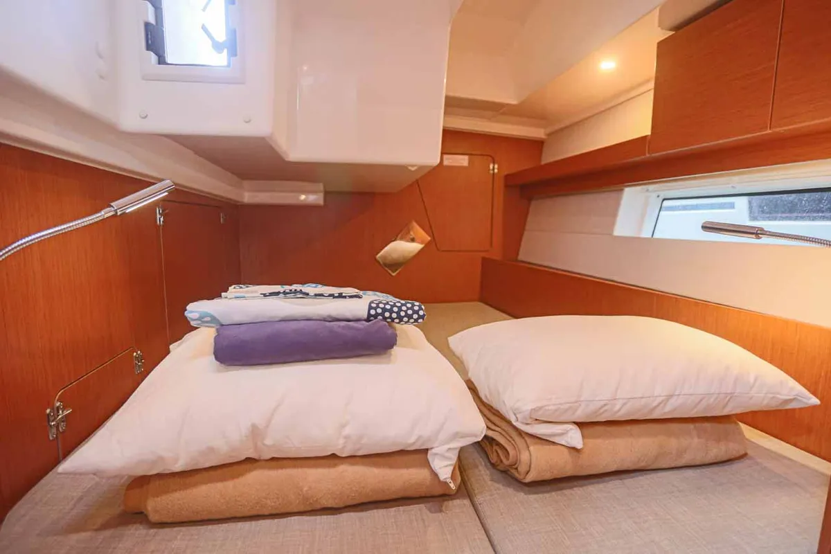 Cabin on Black Velvet, a Bavaria C45 sailboat at Kontokali, Greece
