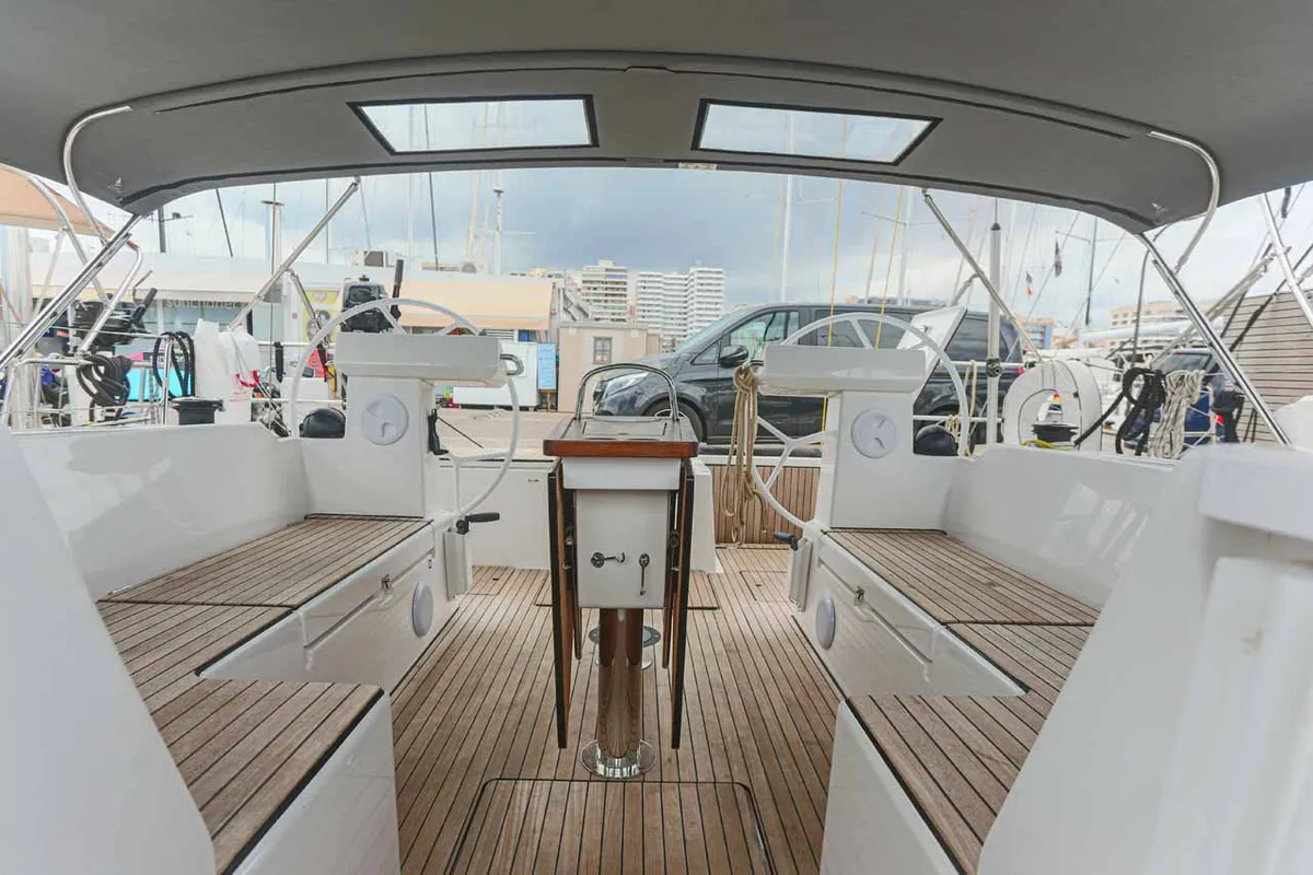Cockpit of Black Velvet, a Bavaria C45 sailboat at Kontokali, Greece