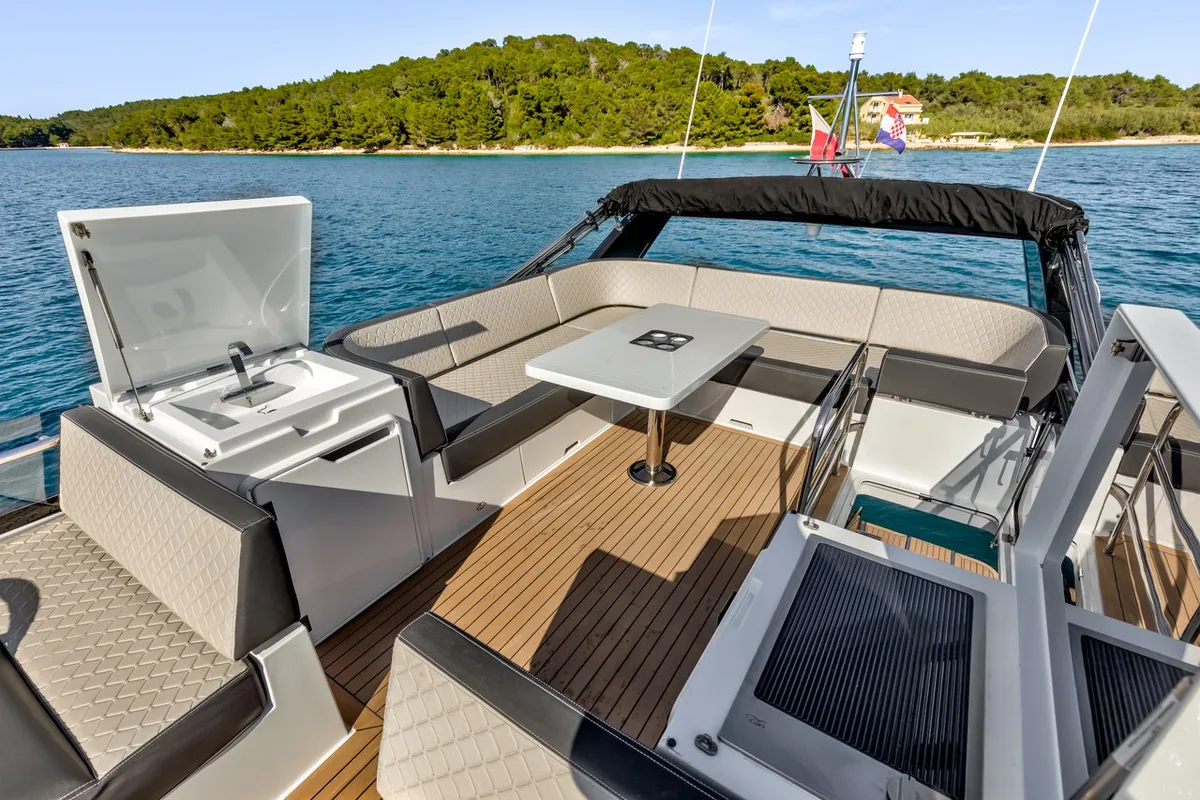 Deck of Amber Blue, a Galeon 420 Fly motor yacht at Općina Sukošan, Croatia