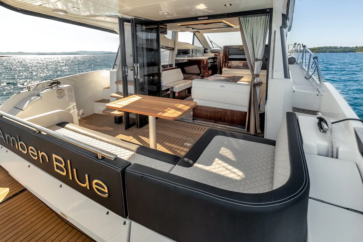 Deck of Amber Blue, a Galeon 420 Fly motor yacht at Općina Sukošan, Croatia