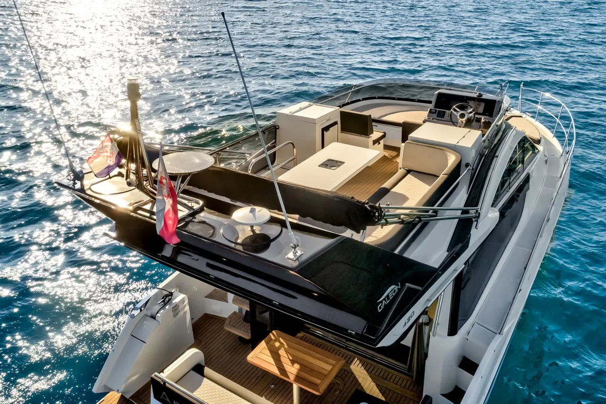 Deck of Amber Blue, a Galeon 420 Fly motor yacht at Općina Sukošan, Croatia