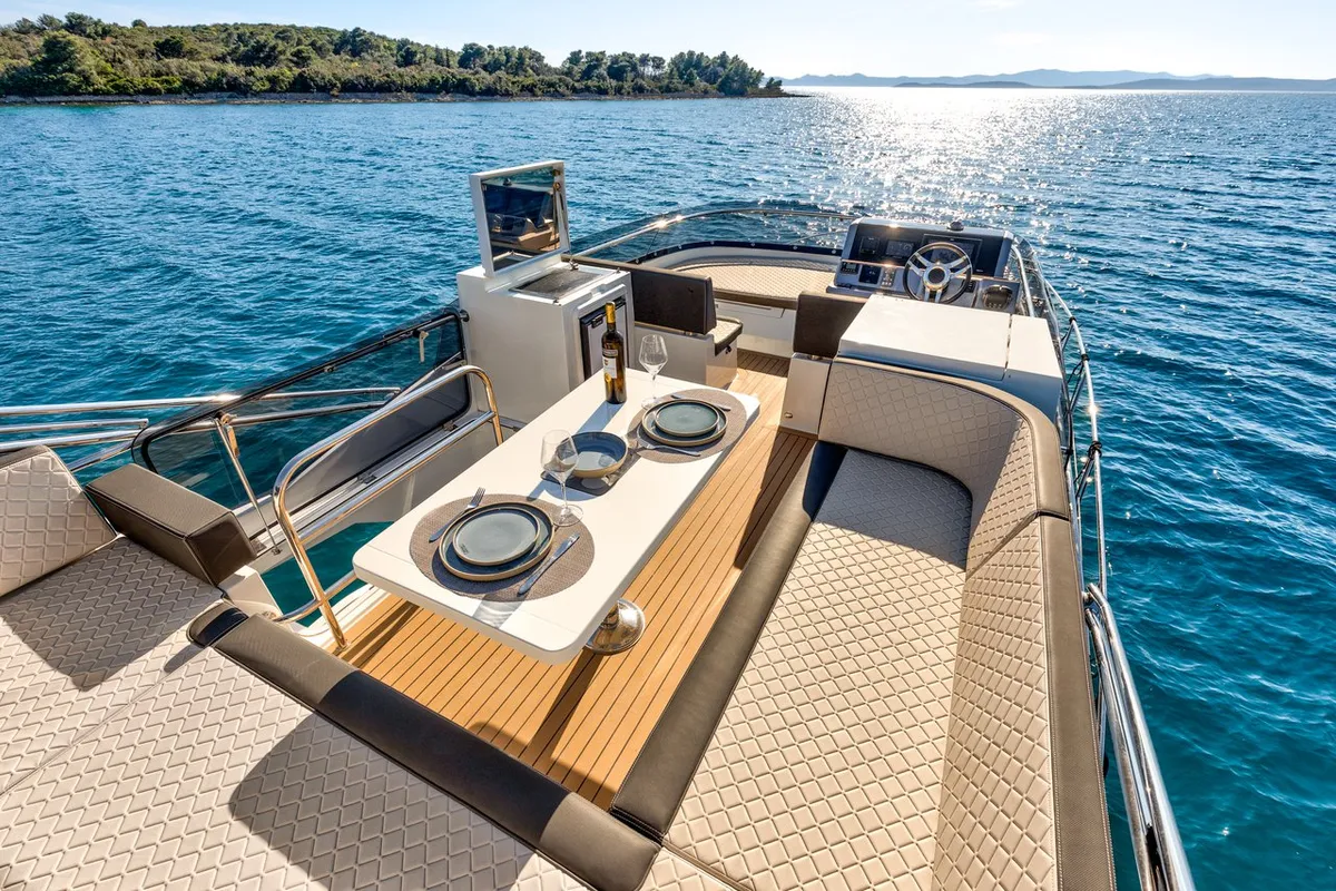 Deck of Amber Blue, a Galeon 420 Fly motor yacht at Općina Sukošan, Croatia