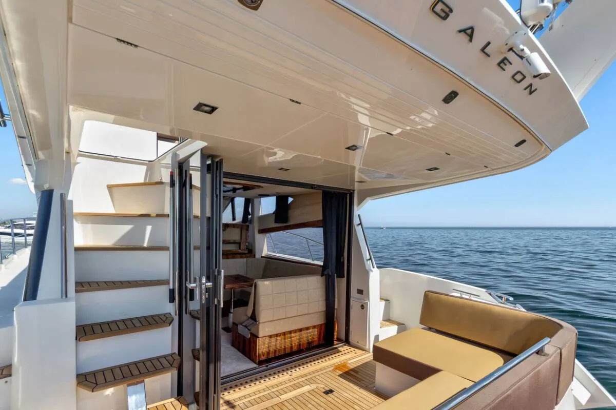 Deck of Amber Blue, a Galeon 420 Fly motor yacht at Općina Sukošan, Croatia