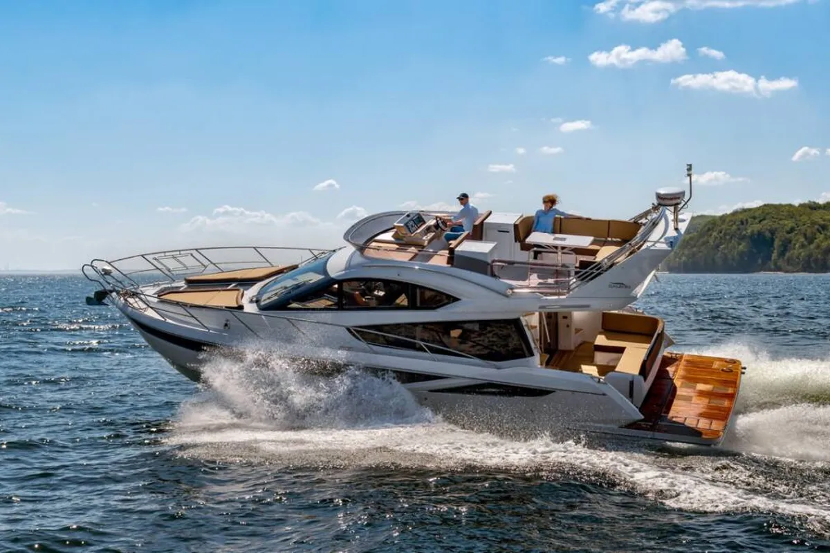 Exterior view of Amber Blue, a Galeon 420 Fly motor yacht at Općina Sukošan, Croatia