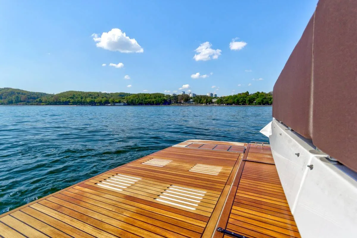 Deck of Amber Blue, a Galeon 420 Fly motor yacht at Općina Sukošan, Croatia