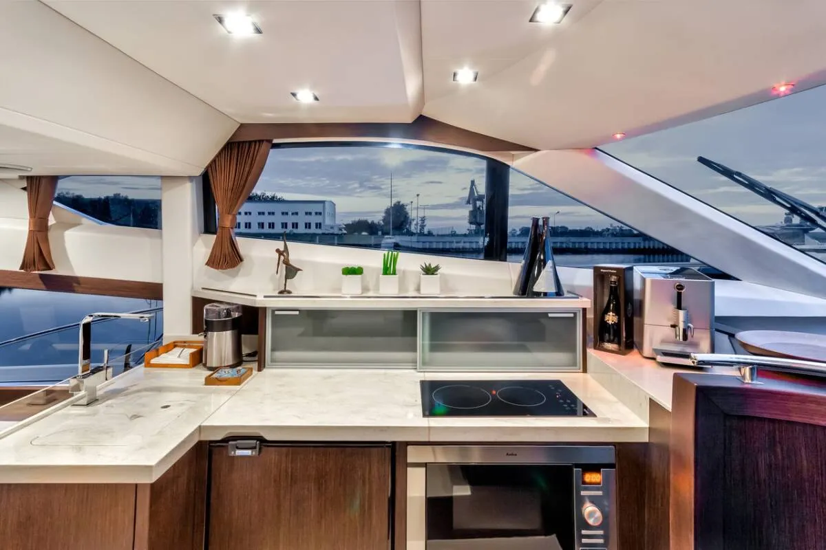 Deck of Amber Blue, a Galeon 420 Fly motor yacht at Općina Sukošan, Croatia