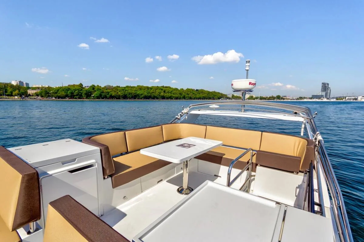 Deck of Amber Blue, a Galeon 420 Fly motor yacht at Općina Sukošan, Croatia
