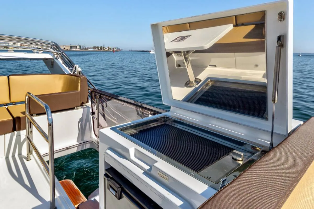 Deck of Amber Blue, a Galeon 420 Fly motor yacht at Općina Sukošan, Croatia