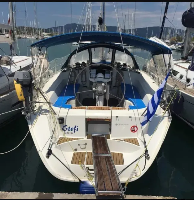 Cockpit of Stefi, a Jeanneau Sun Odyssey 42.2 sailboat at Kontokali, Greece