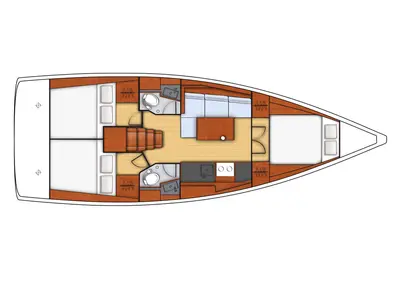 Floor plan of Follia, a Beneteau Oceanis 38 sailboat at Olbia, Italy