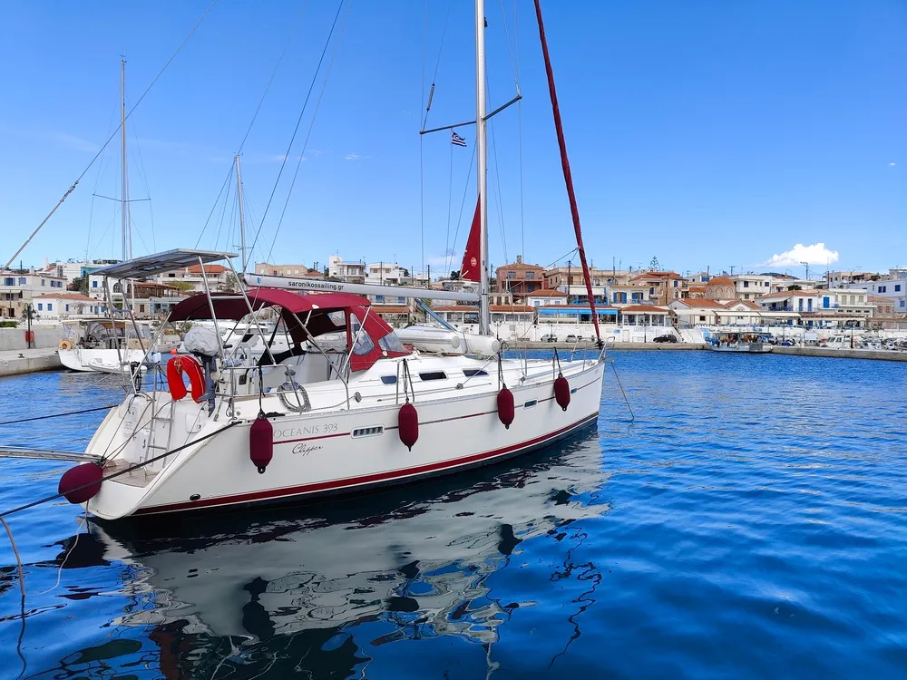 Exterior view of Crete, a Beneteau Oceanis 393 sailboat at Athens, Marina Delta Kallithea, Greece