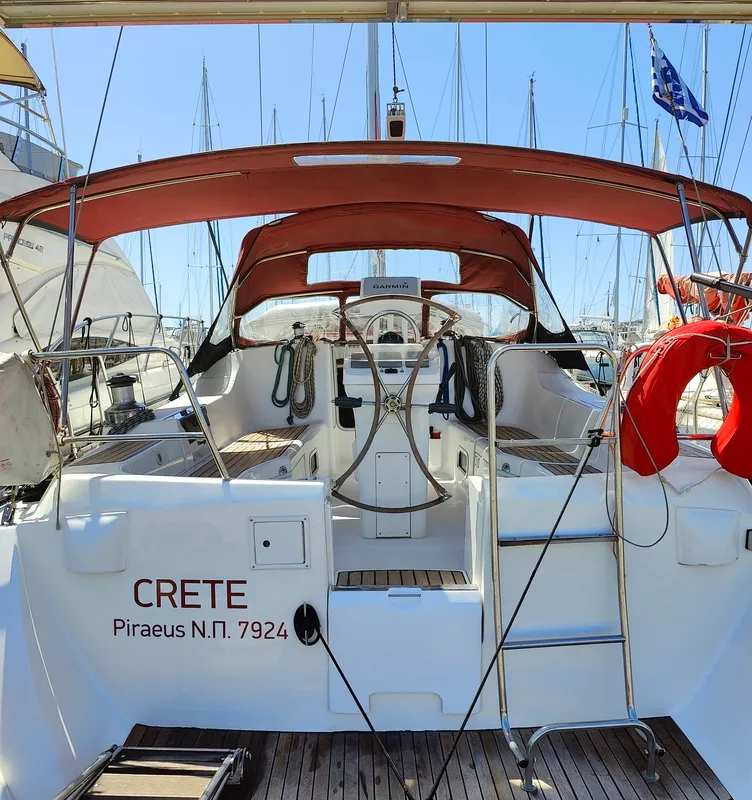 Cockpit of Crete, a Beneteau Oceanis 393 sailboat at Athens, Marina Delta Kallithea, Greece