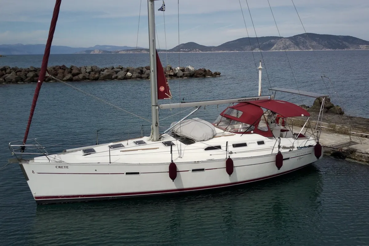 Exterior view of Crete, a Beneteau Oceanis 393 sailboat at Athens, Marina Delta Kallithea, Greece