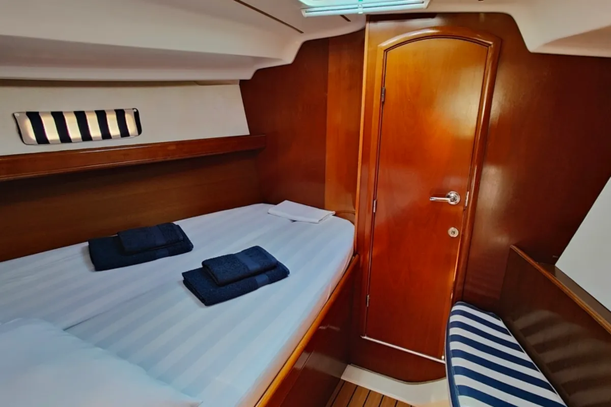 Cabin on Crete, a Beneteau Oceanis 393 sailboat at Athens, Marina Delta Kallithea, Greece