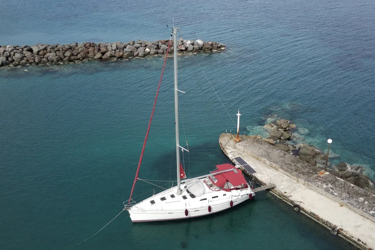 Exterior view of Crete, a Beneteau Oceanis 393 sailboat at Athens, Marina Delta Kallithea, Greece