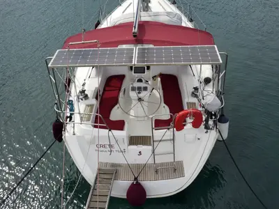 Cockpit of Crete, a Beneteau Oceanis 393 sailboat at Athens, Marina Delta Kallithea, Greece