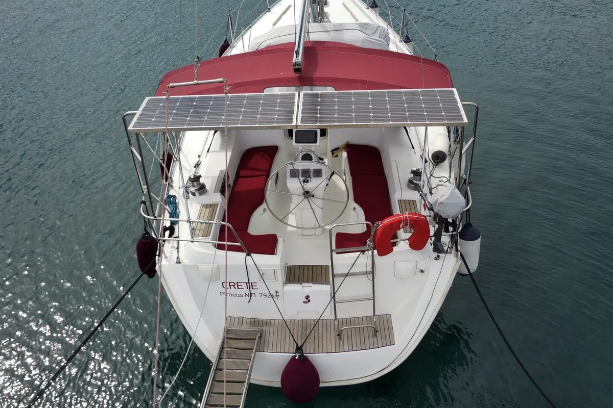 Cockpit of Crete, a Beneteau Oceanis 393 sailboat at Athens, Marina Delta Kallithea, Greece