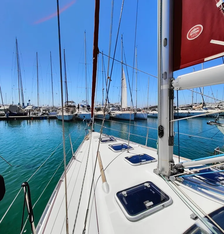 Deck of Crete, a Beneteau Oceanis 393 sailboat at Athens, Marina Delta Kallithea, Greece