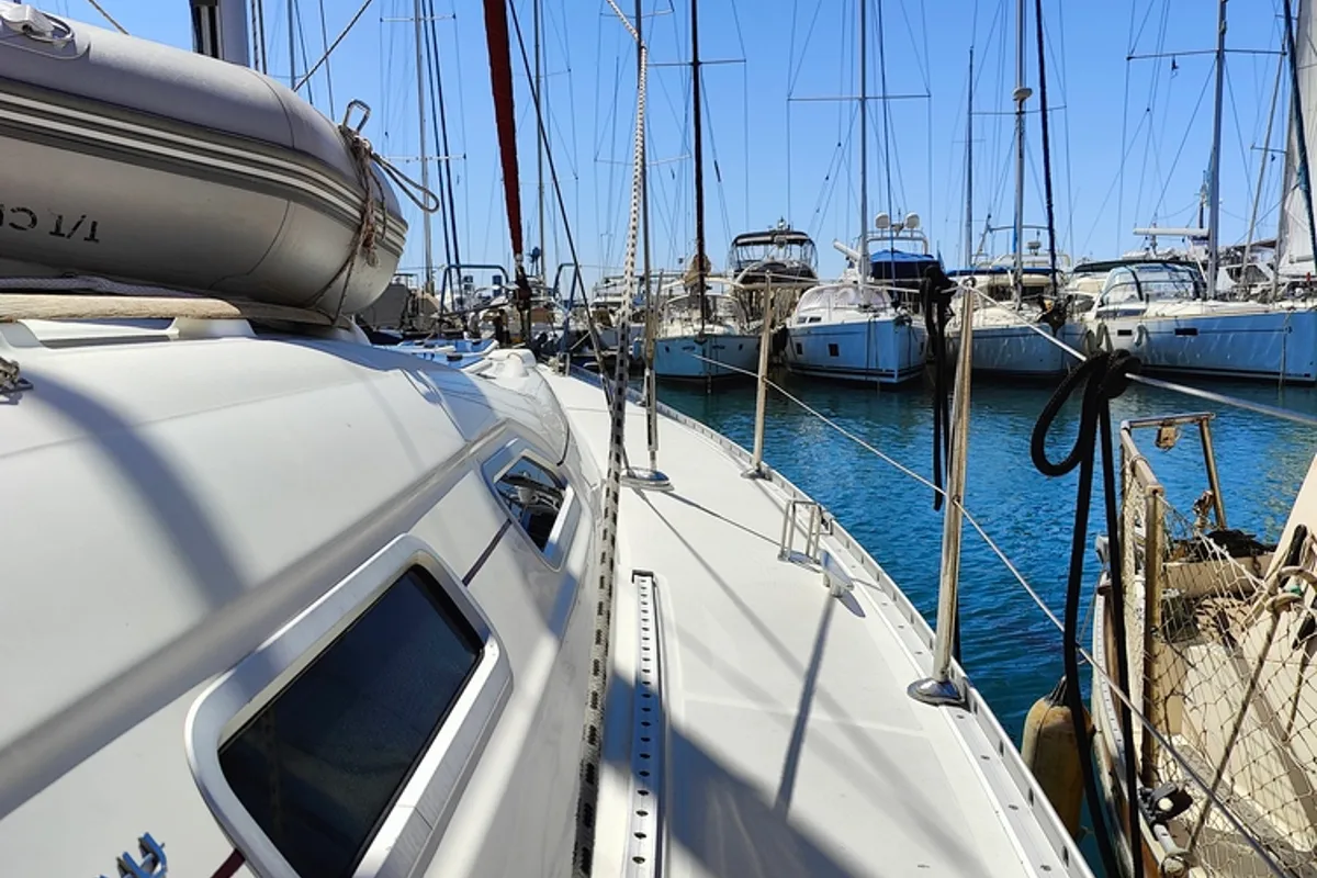 Deck of Crete, a Beneteau Oceanis 393 sailboat at Athens, Marina Delta Kallithea, Greece