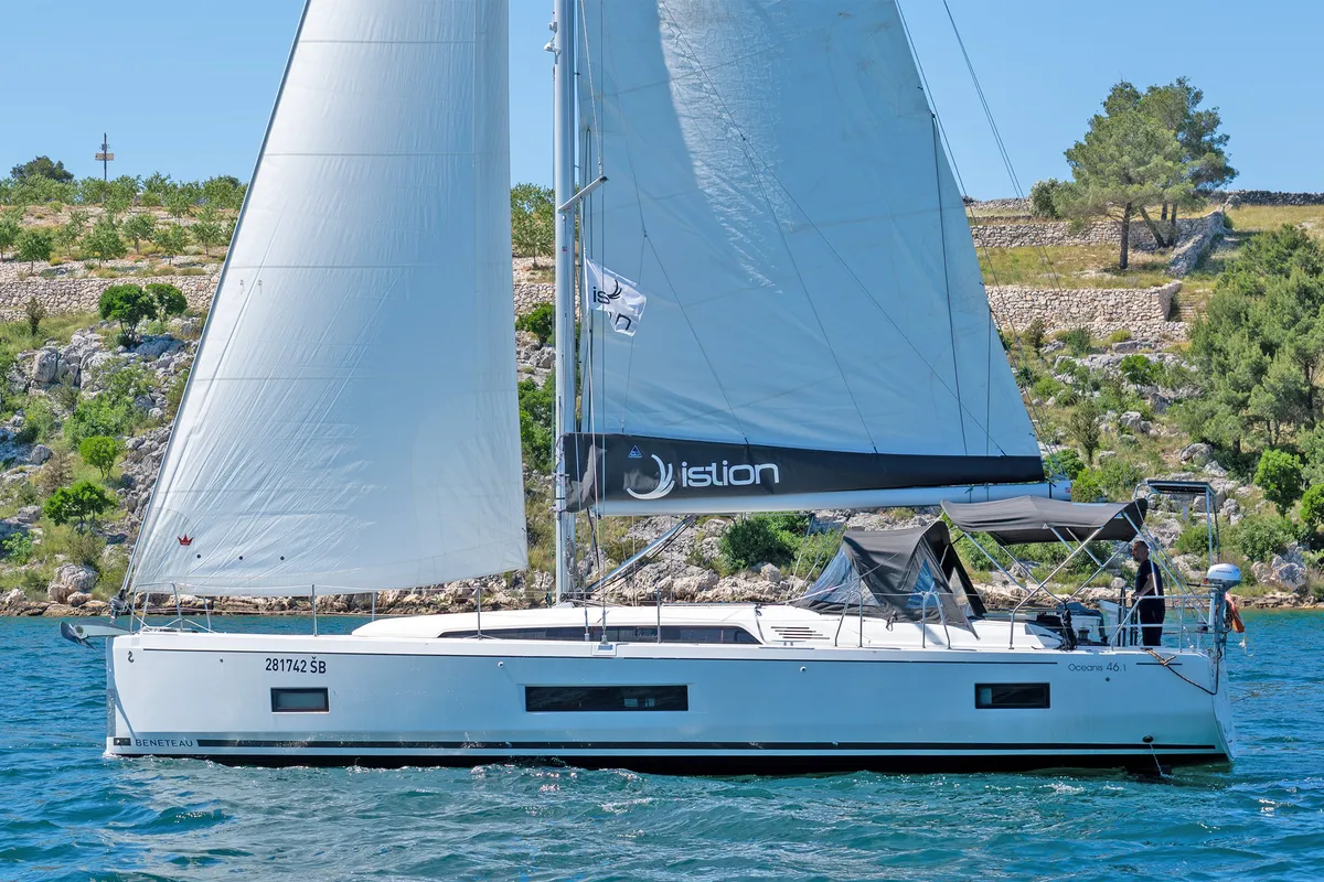 Exterior view of First Kiss, a Beneteau Oceanis 46.1 sailboat at Skradin, Croatia