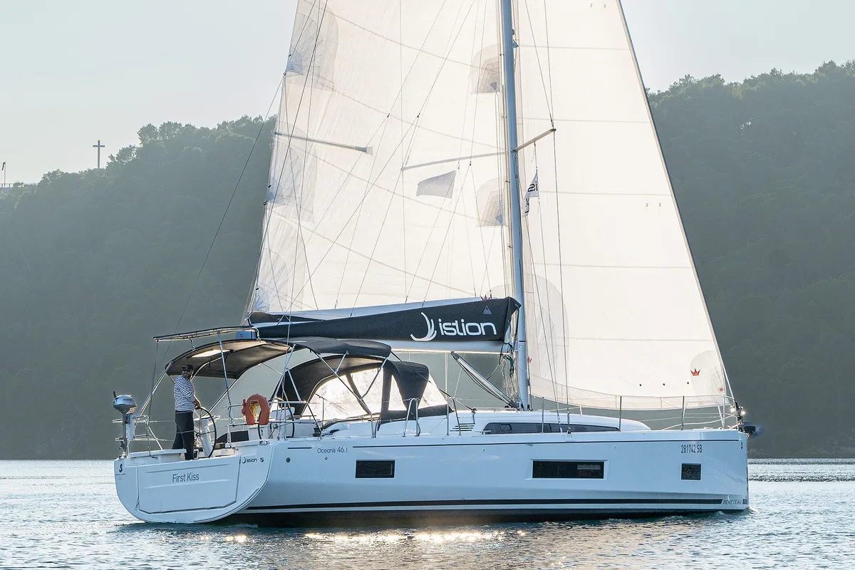 Exterior view of First Kiss, a Beneteau Oceanis 46.1 sailboat at Skradin, Croatia