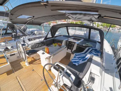 Cockpit of First Kiss, a Beneteau Oceanis 46.1 sailboat at Skradin, Croatia