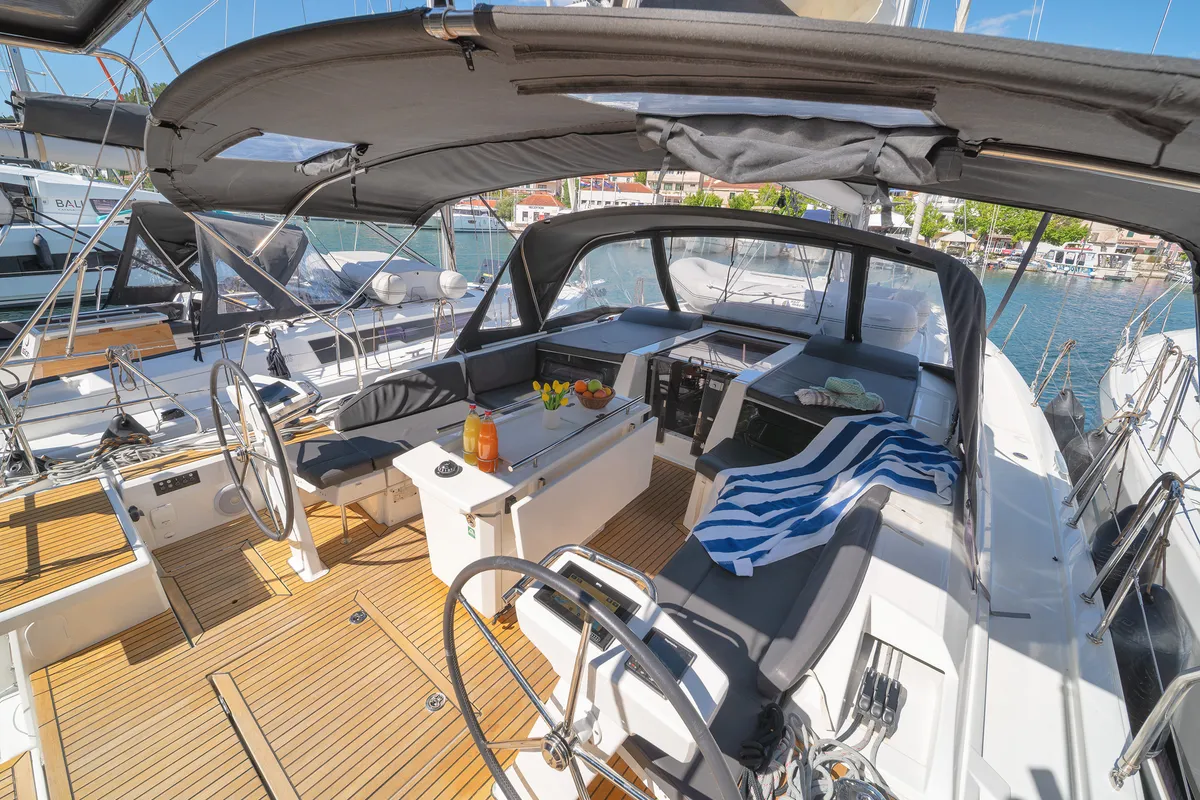 Cockpit of First Kiss, a Beneteau Oceanis 46.1 sailboat at Skradin, Croatia