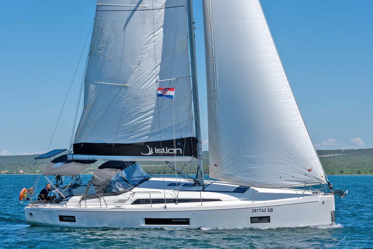 Exterior view of First Kiss, a Beneteau Oceanis 46.1 sailboat at Skradin, Croatia