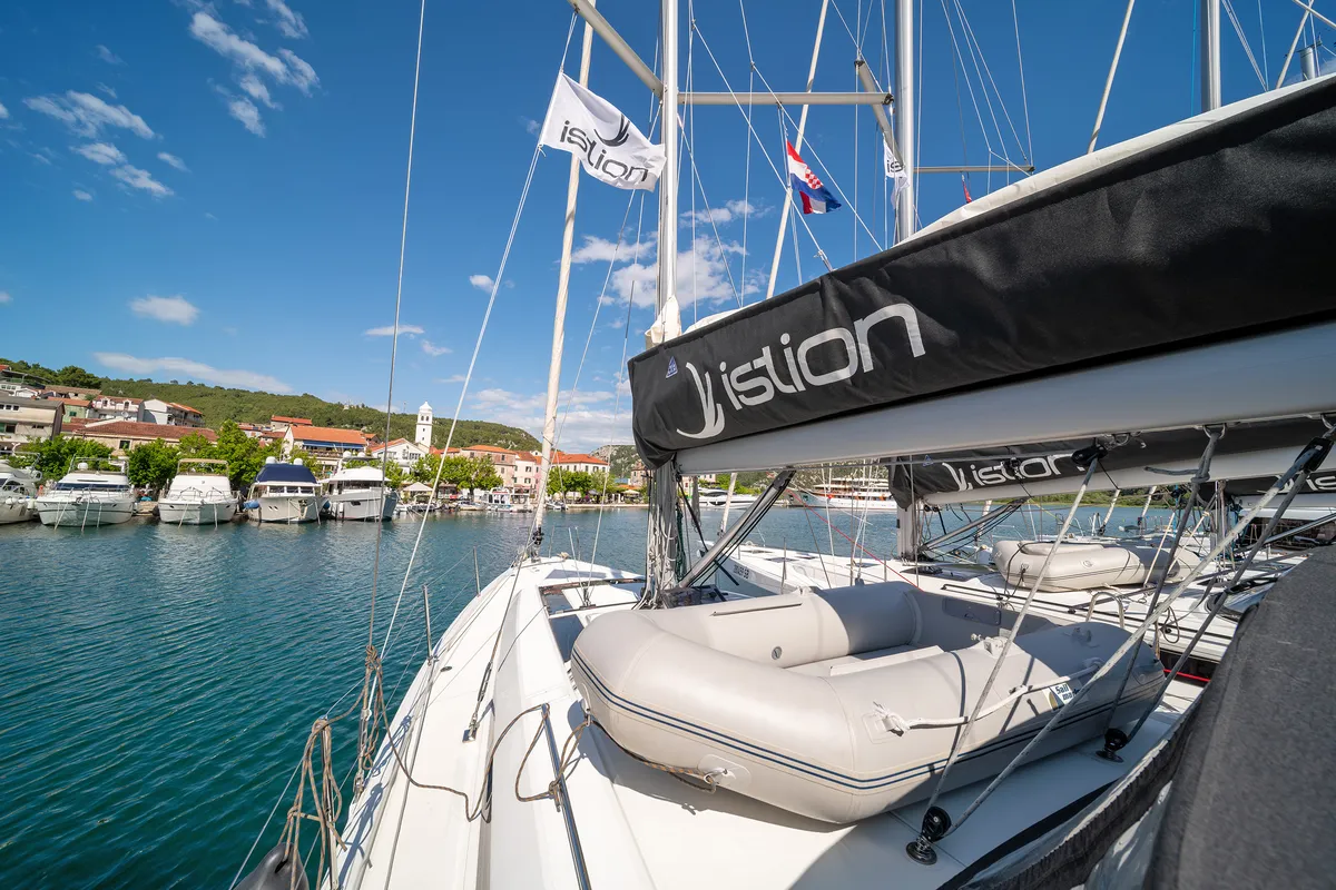 Deck of First Kiss, a Beneteau Oceanis 46.1 sailboat at Skradin, Croatia