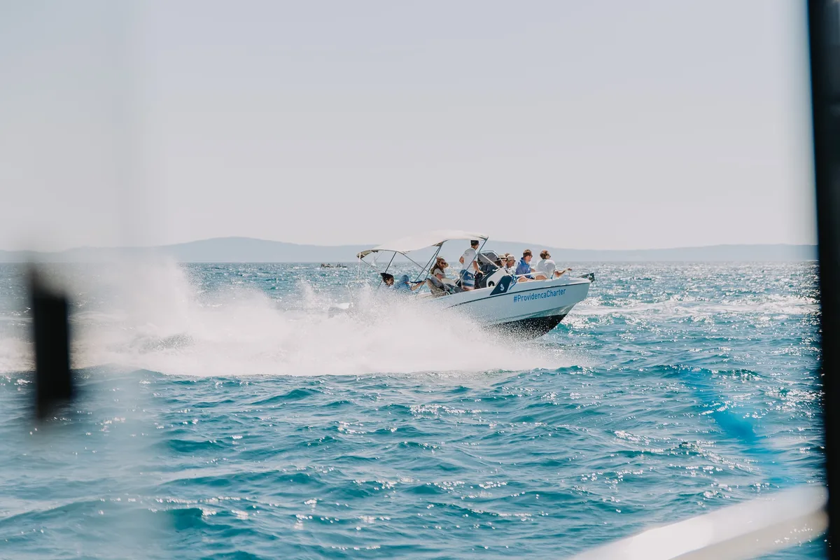 Exterior view of Beneteau Flyer 6 Space Deck, a Beneteau Flyer 6 motorboat at Grad Trogir, Croatia