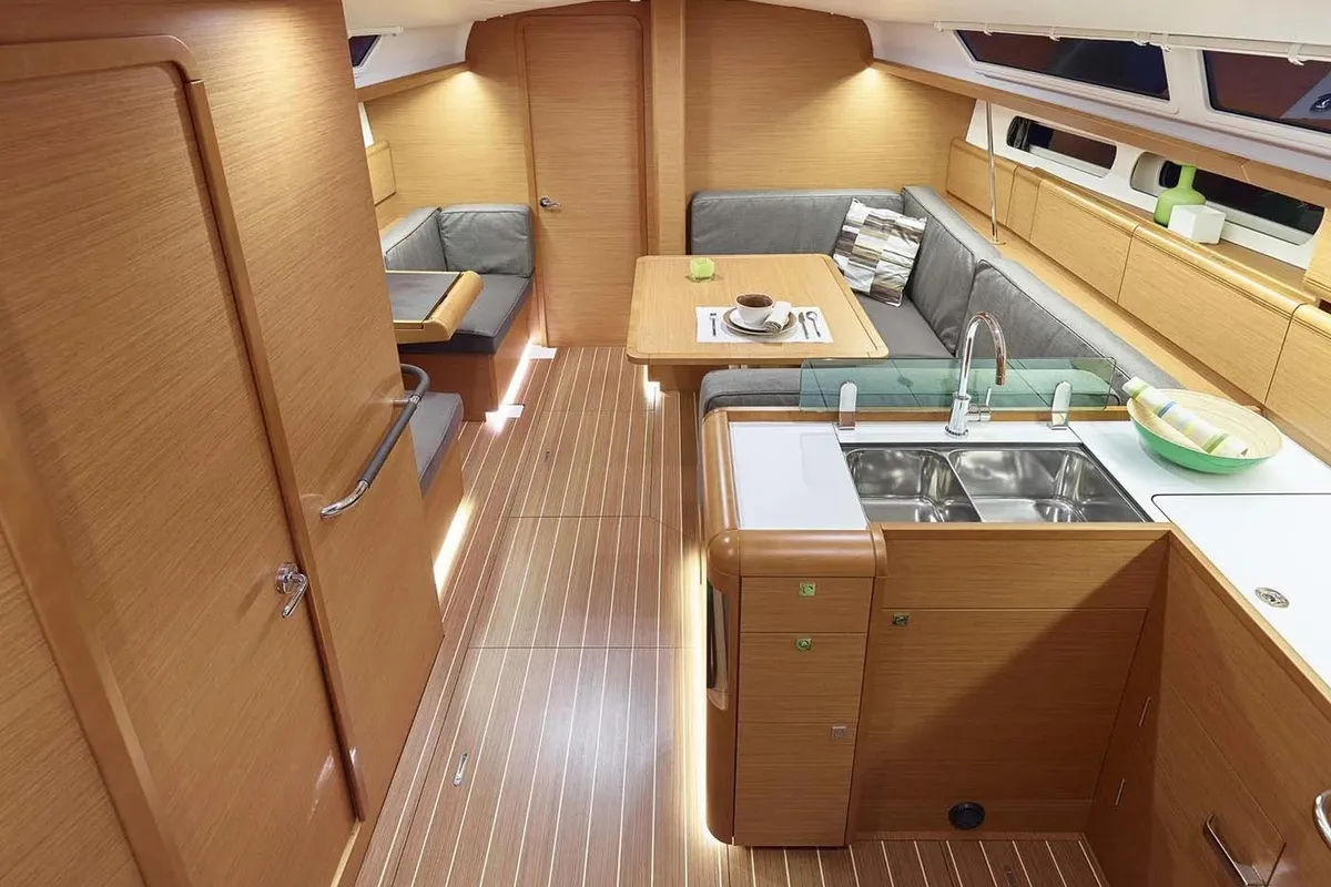 Salon of Mastina, a Jeanneau Sun Odyssey 419 sailboat at La Spezia, Italy