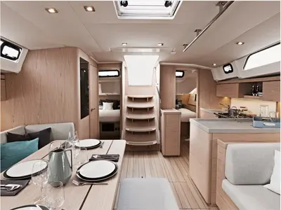 Salon of Aurora, a Beneteau Oceanis 46.1 sailboat at Vibo Valentia, Italy
