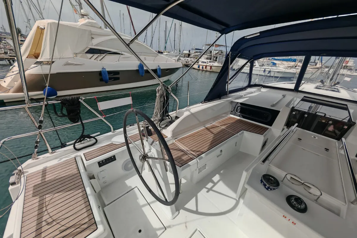 Cockpit of Aurora, a Beneteau Oceanis 46.1 sailboat at Vibo Valentia, Italy