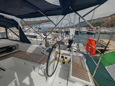 Cockpit of Aurora, a Beneteau Oceanis 46.1 sailboat at Vibo Valentia, Italy